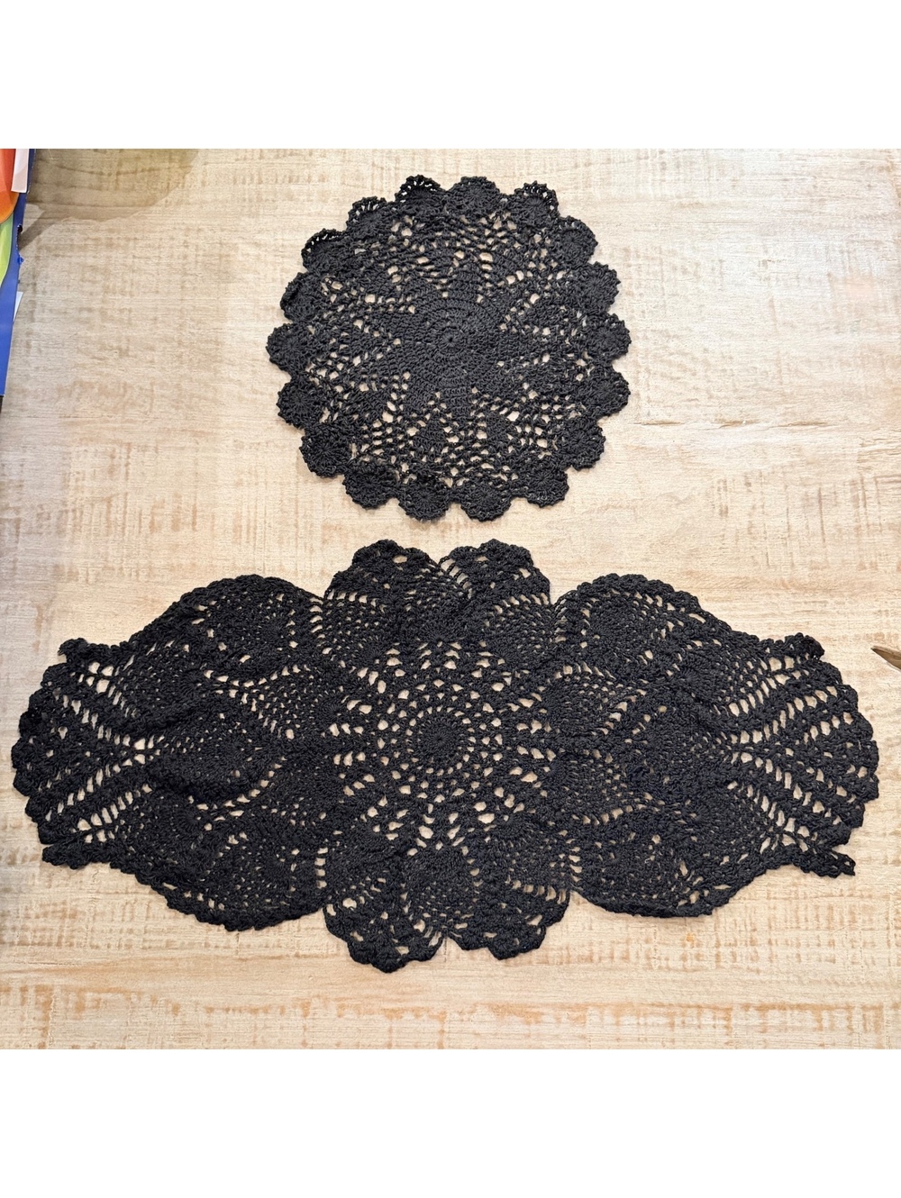 Black Crochet Doily & Table Runner Set Handmade Style Scalloped Floral 3 Piece